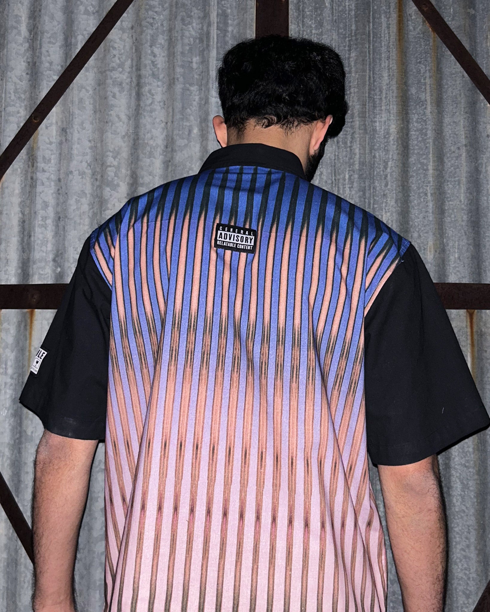 Model wearing Between the Lines Blue Shirt