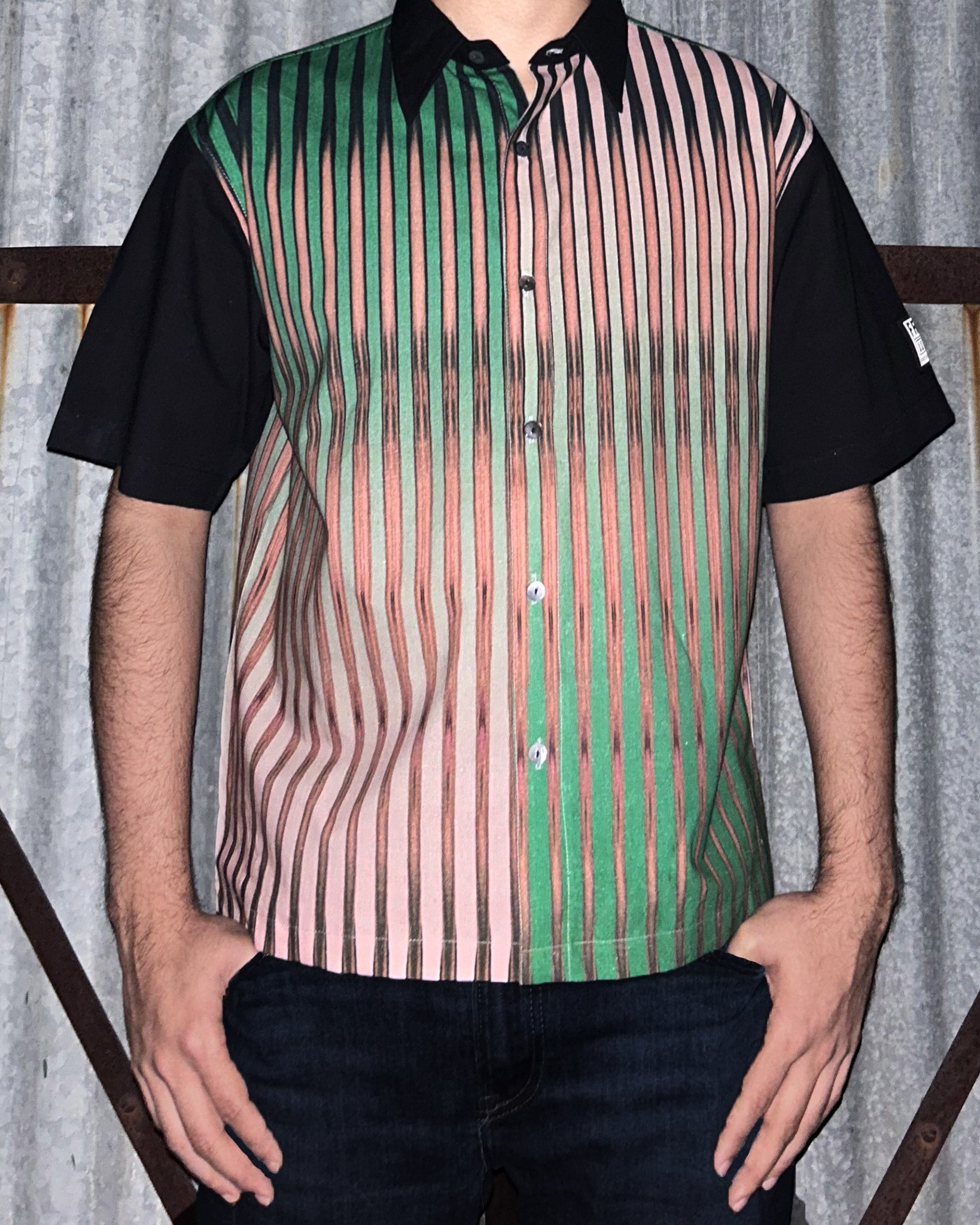 Model wearing Between the Lines Green Shirt