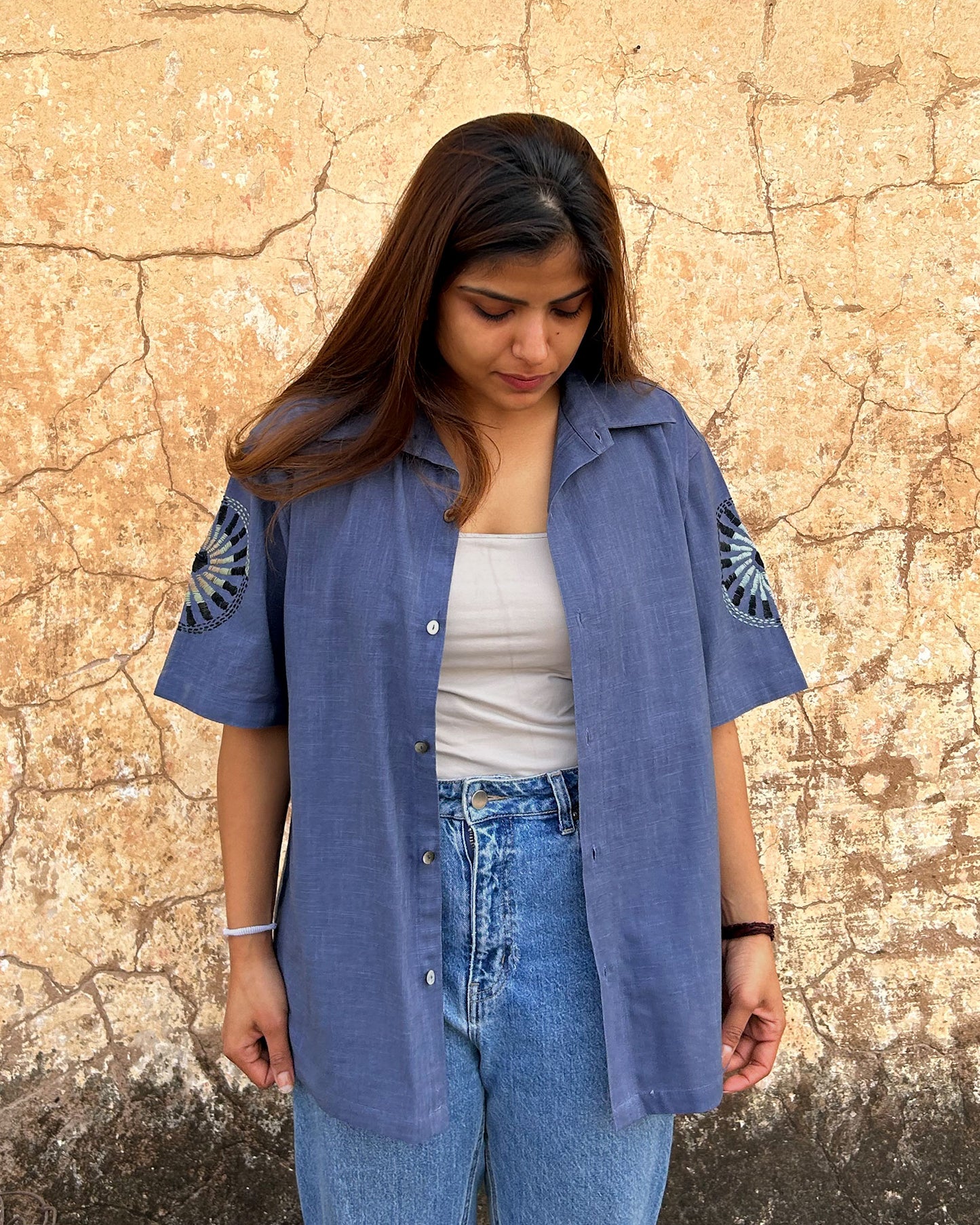 Model wearing For the Record Blue Shirt with Hand Embroidery