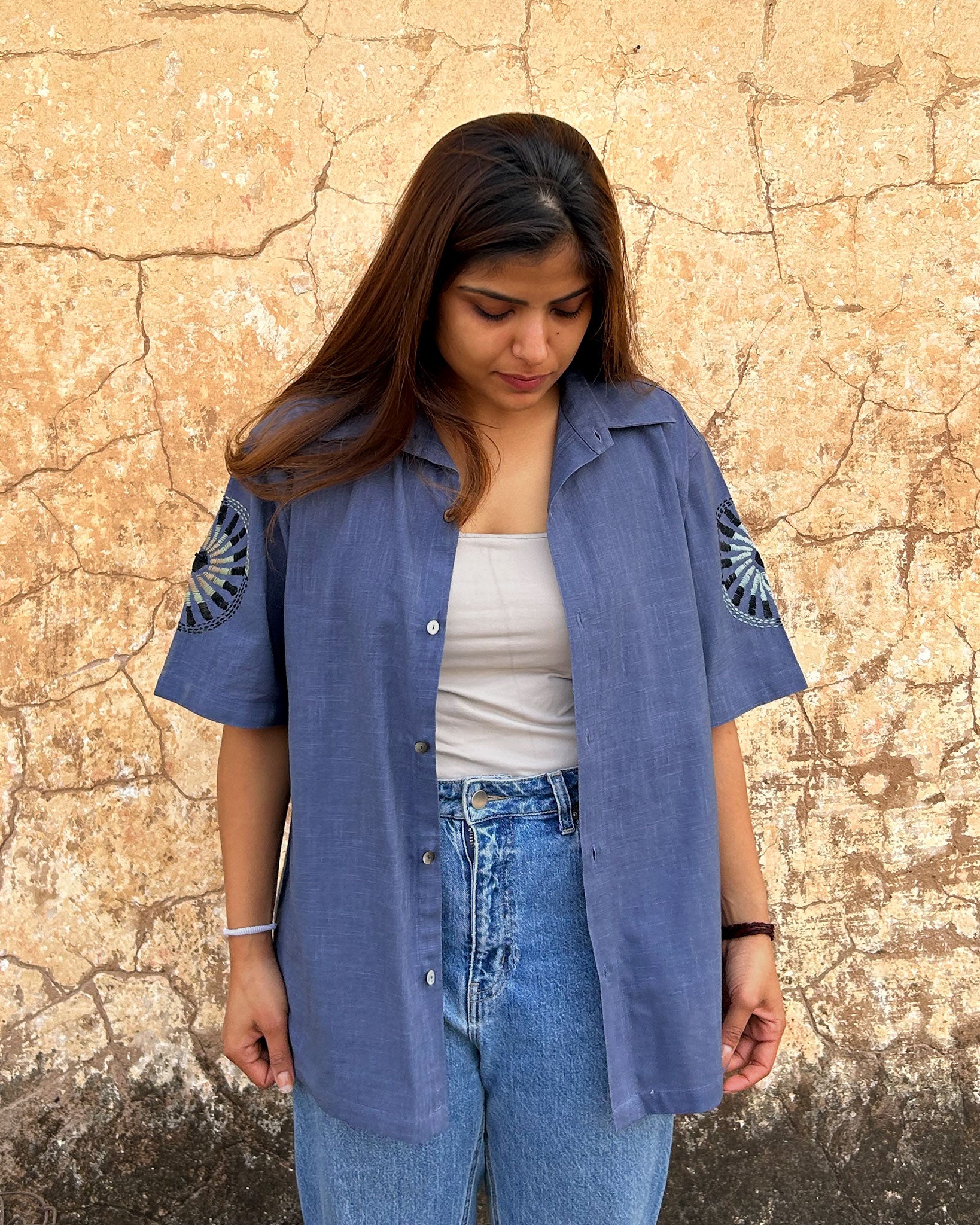 Model wearing For the Record Blue Shirt with Hand Embroidery