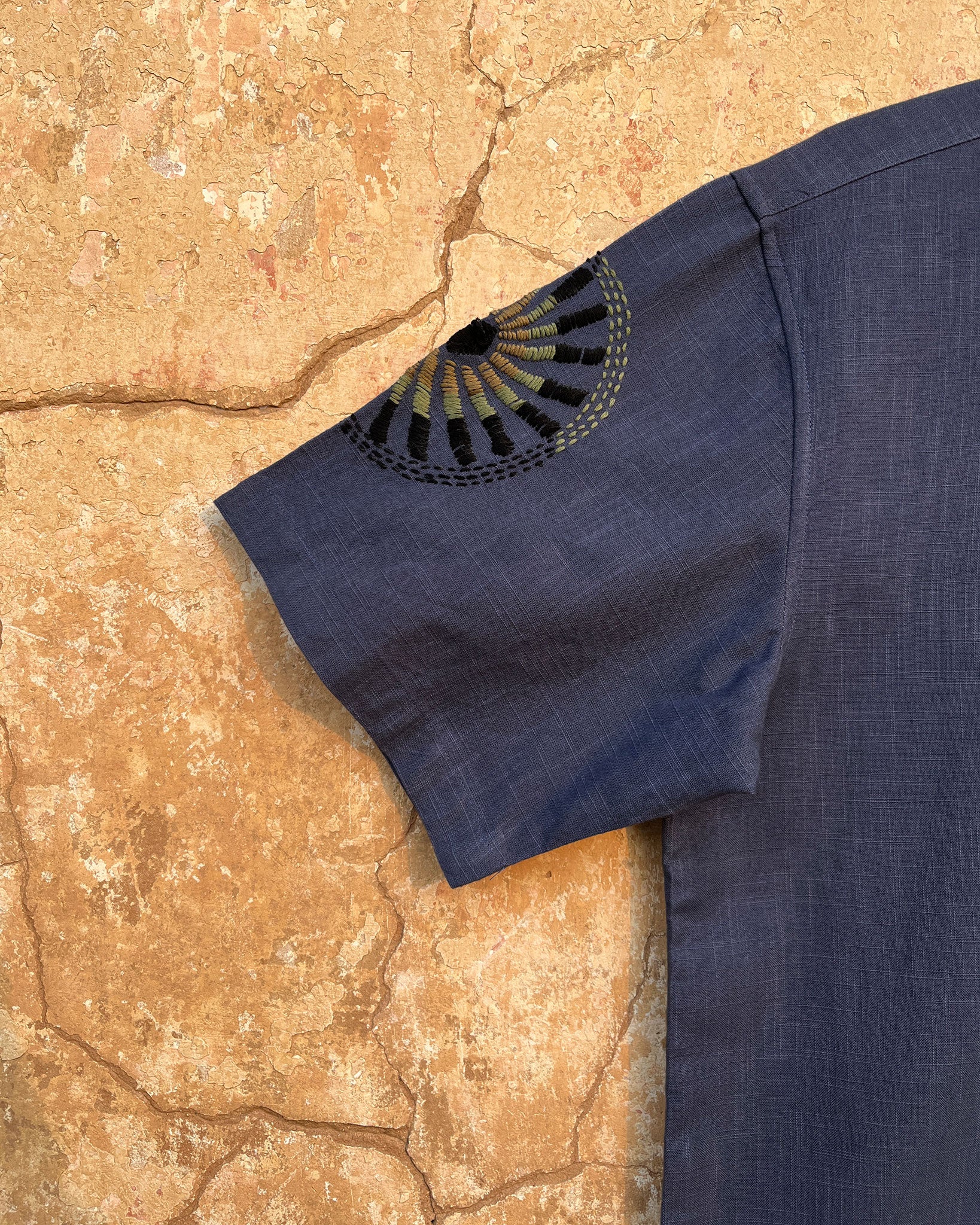 For the Record Blue Shirt with Hand Embroidery Sleeve Detail