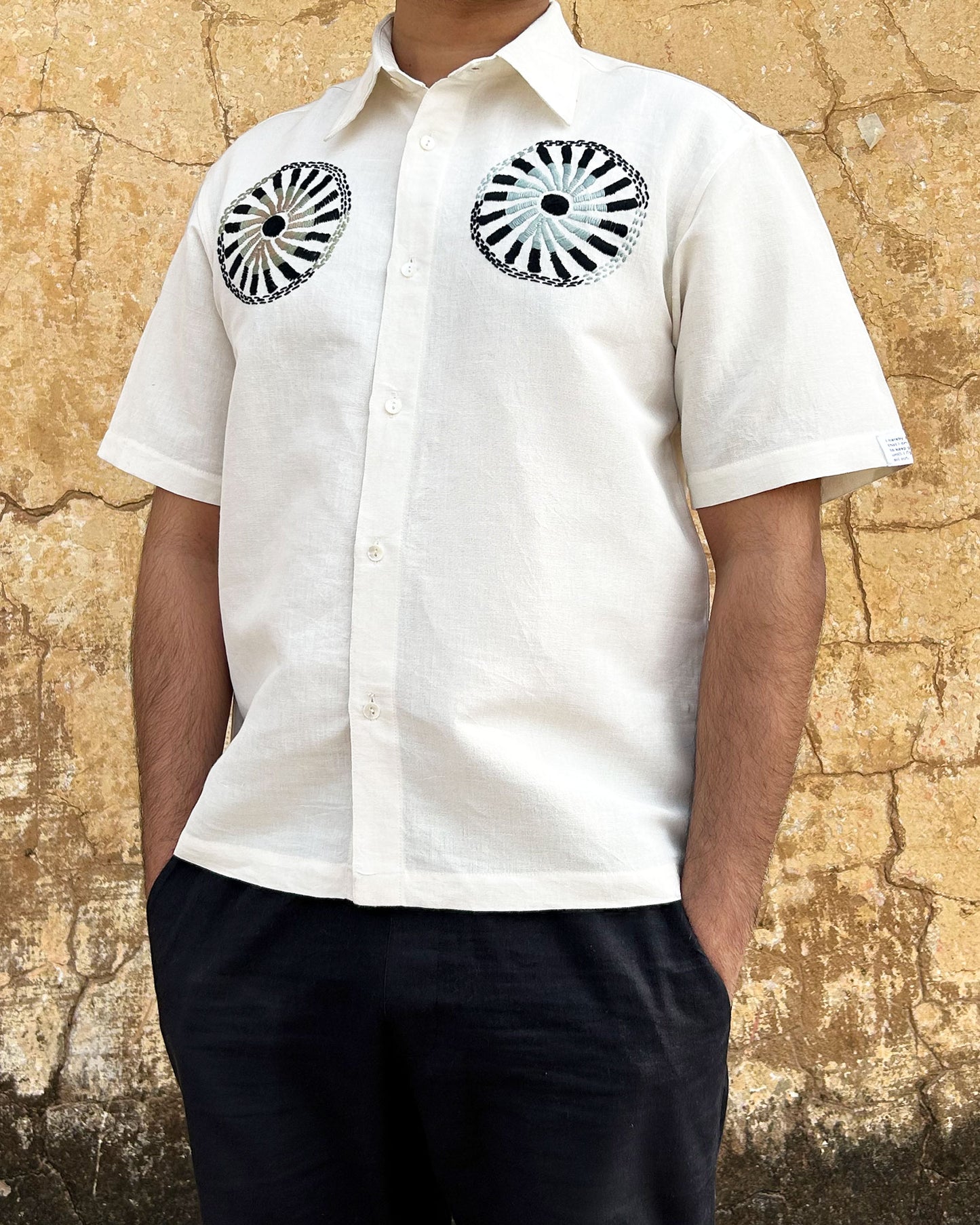 Model wearing For the Record White Shirt with Hand Embroidery