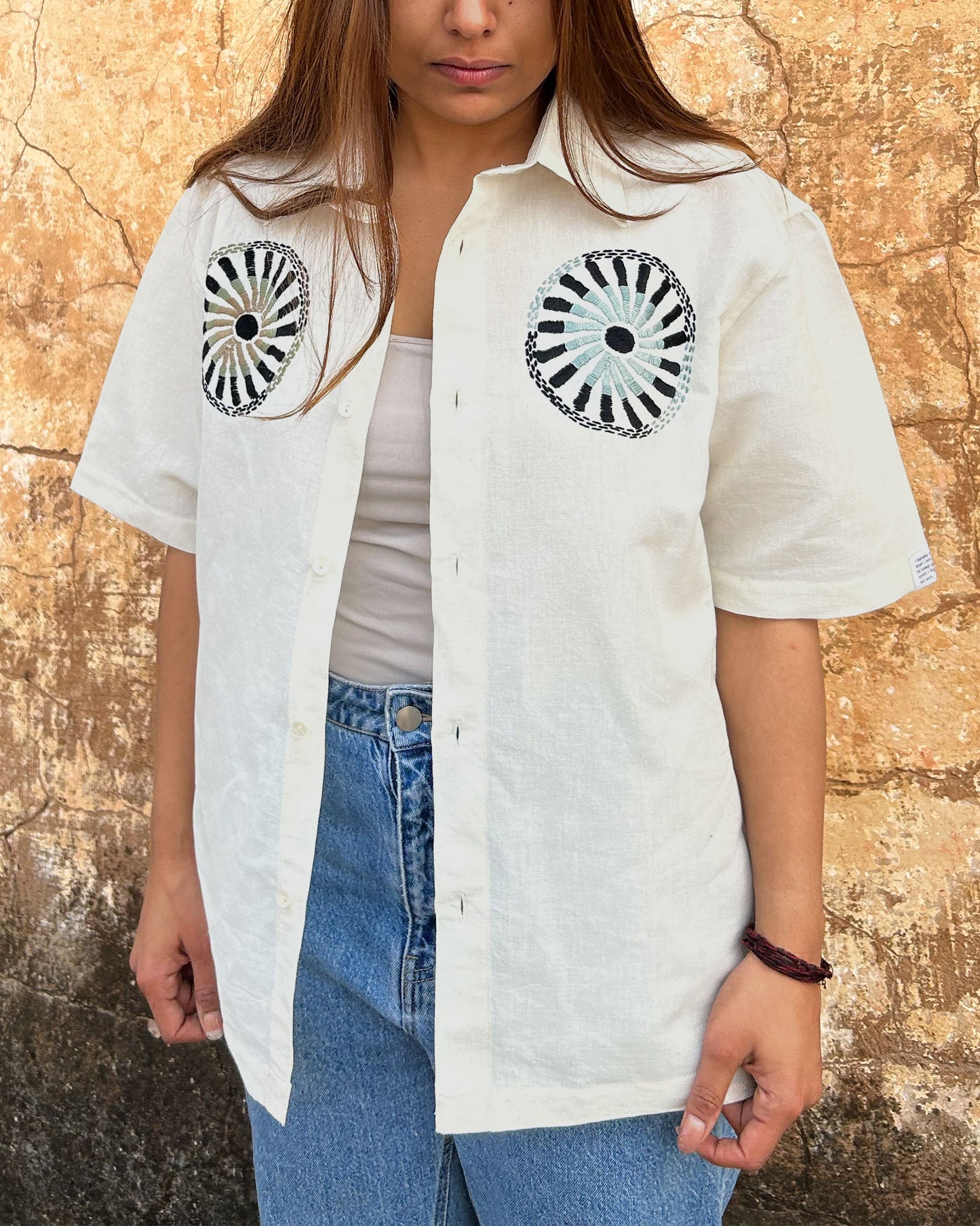 Model wearing For the Record White Shirt with Hand Embroidery