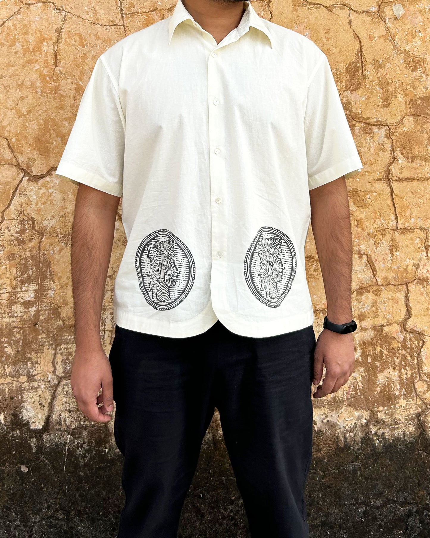 Model wearing In Two Minds Shirt with Block Printed Motif