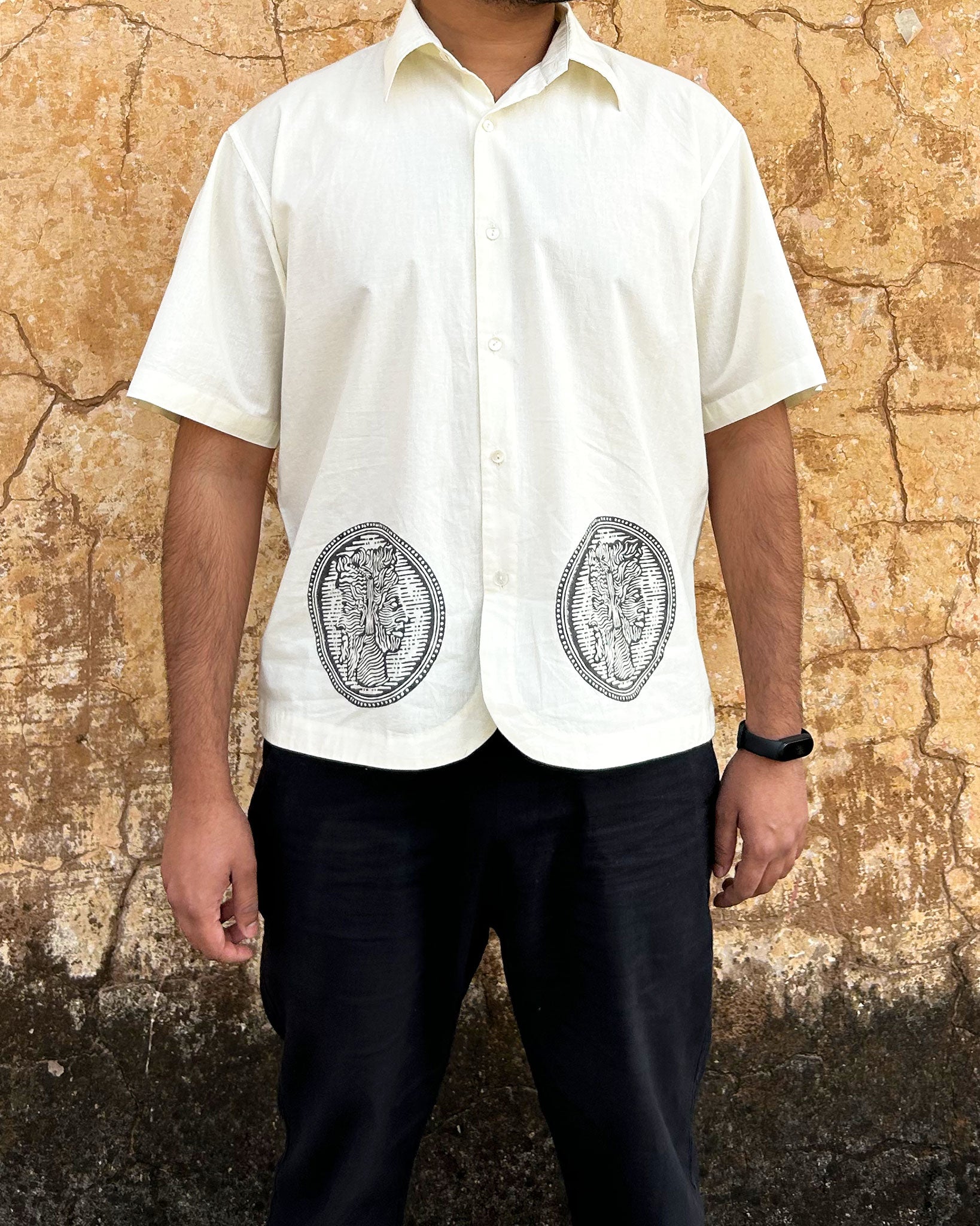 Model wearing In Two Minds Shirt with Block Printed Motif