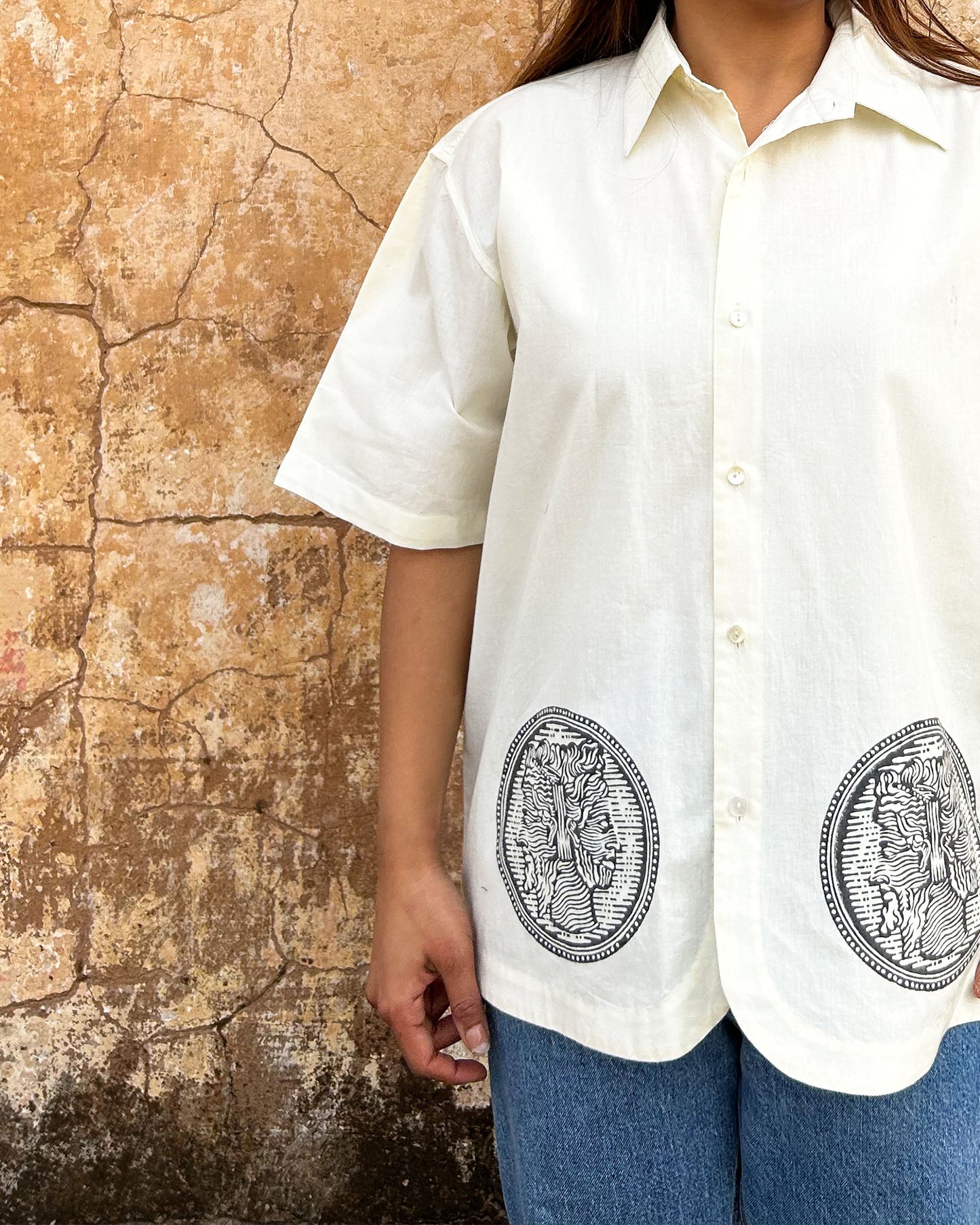 Model wearing In Two Minds Shirt with Block Printed Motif