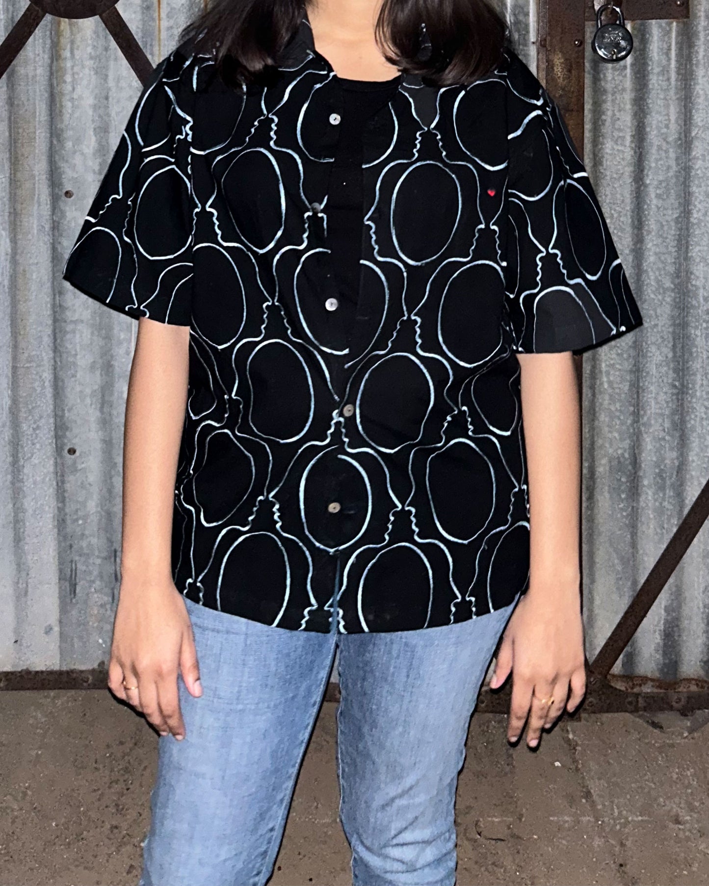 Model wearing Real Illusion Black Shirt with Embroidered Surface