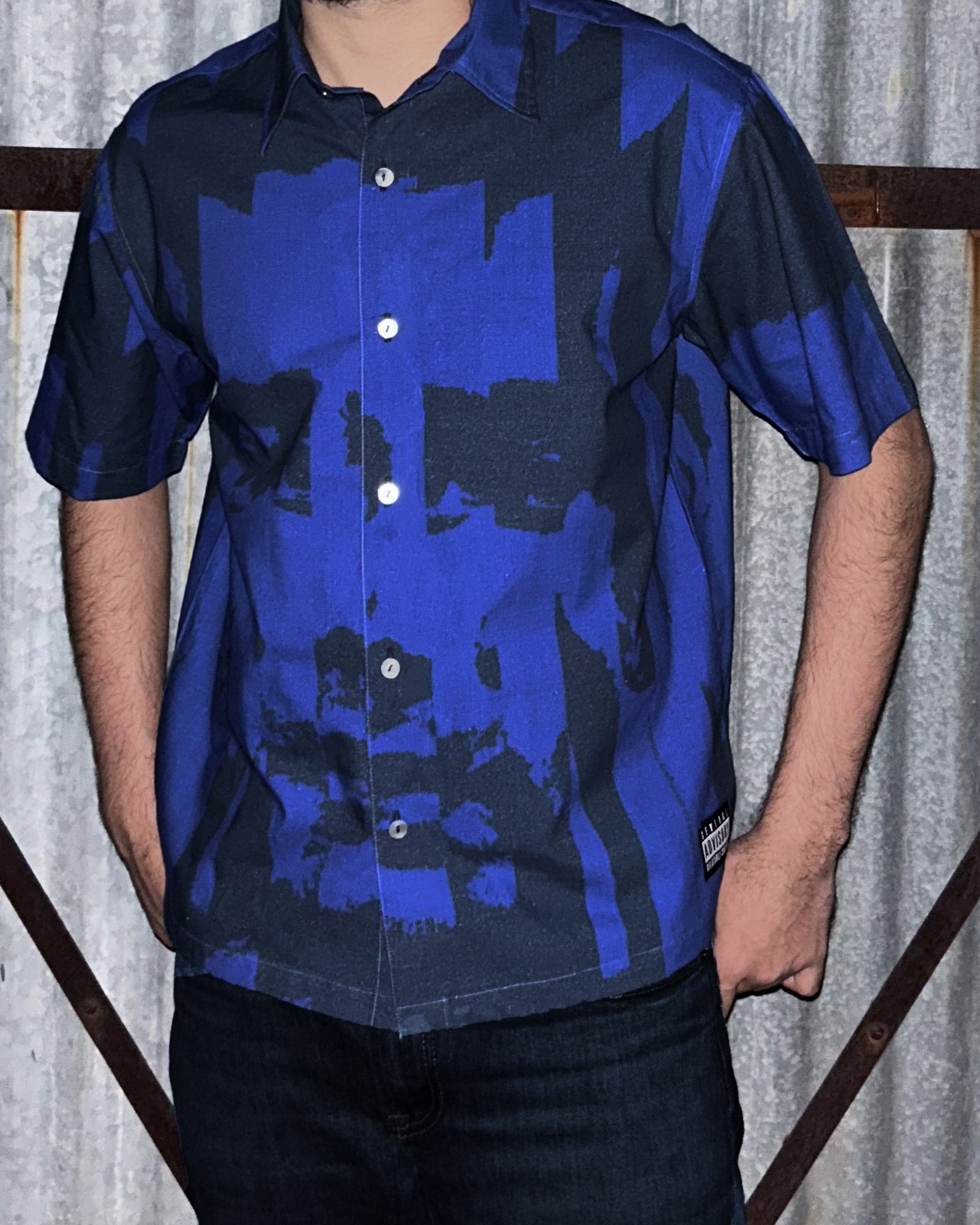Model wearing Strangely Familiar Blue Digital Printed Shirt