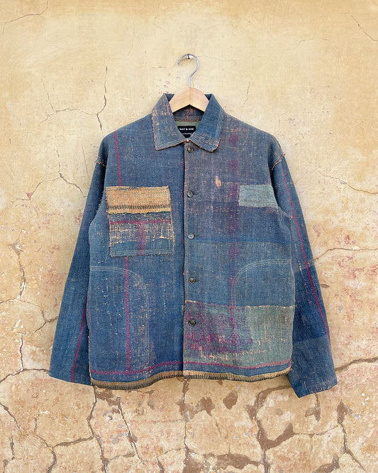 vintage blue gold jacket made from kantha quilts