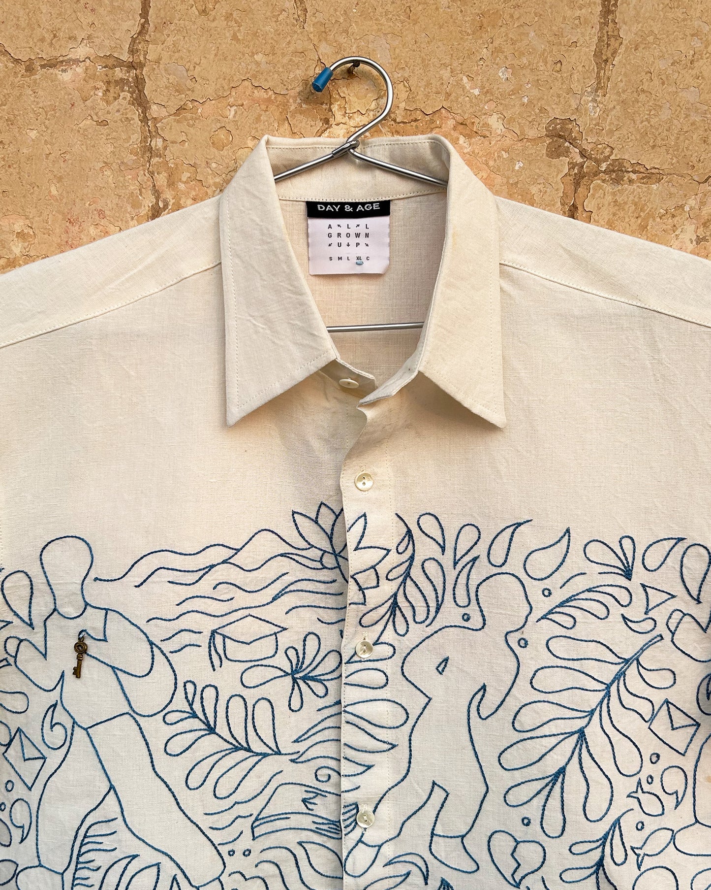 Clearly Confused White Shirt with Blue Embroidery Collar