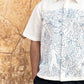 Model wearing Clearly Confused White Shirt with Blue Embroidery