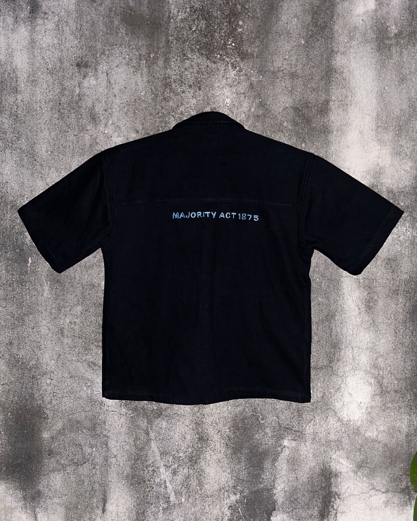 Majority Act Black Shirt with Embroidered Text Back