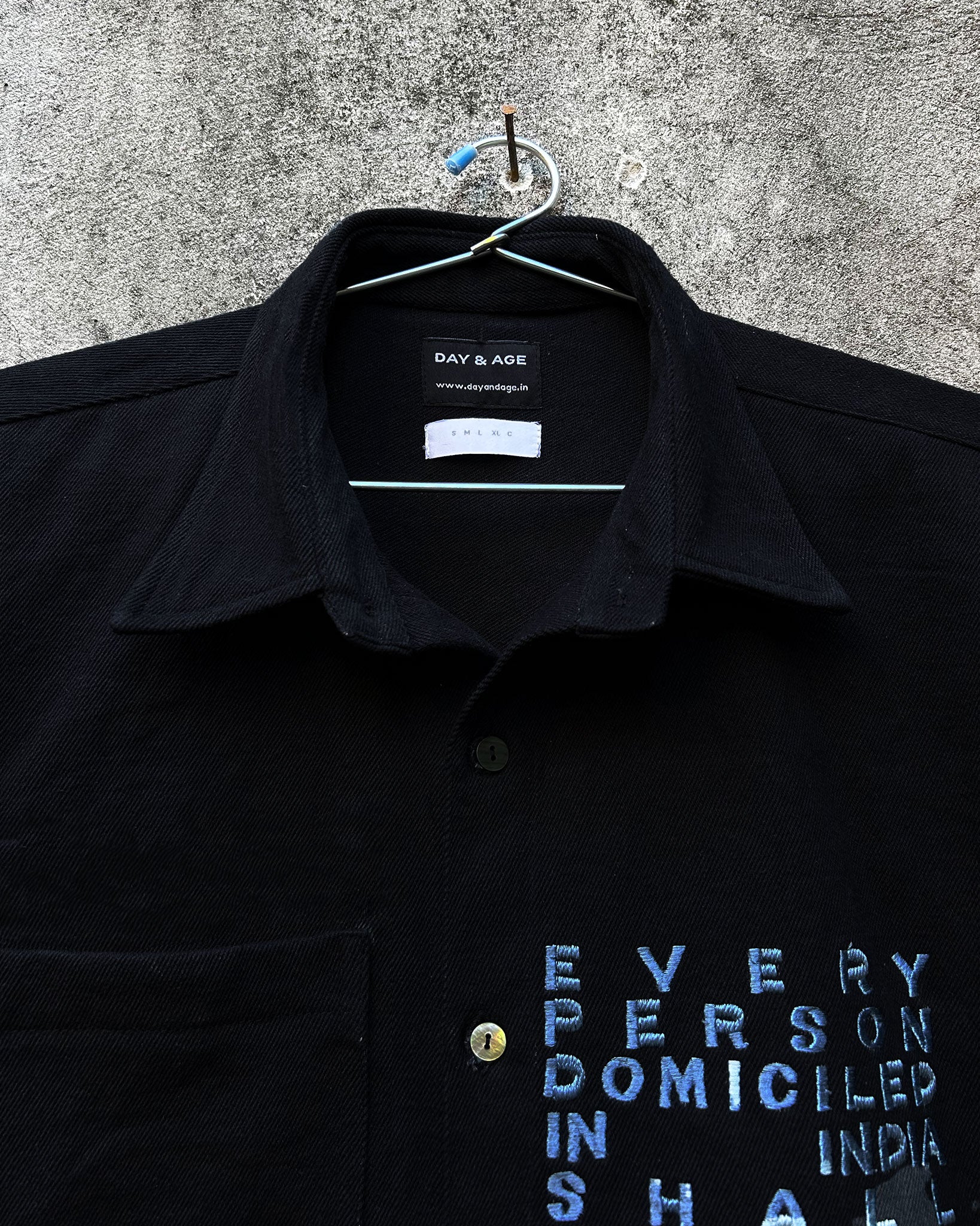 Majority Act Black Shirt with Embroidered Text Collar