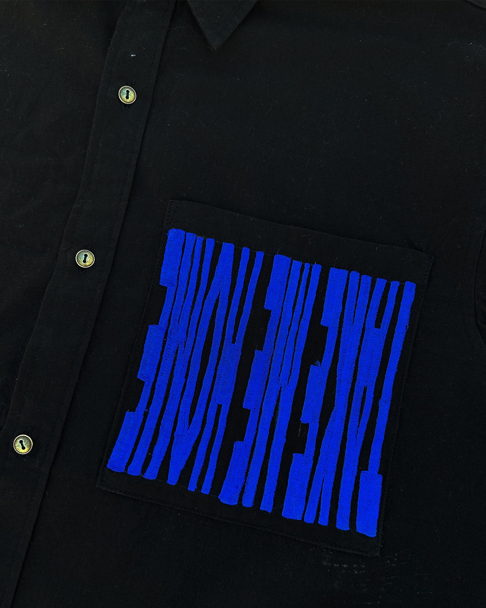 Silent Scream Black Shirt with Blue Embroidered Message Detail